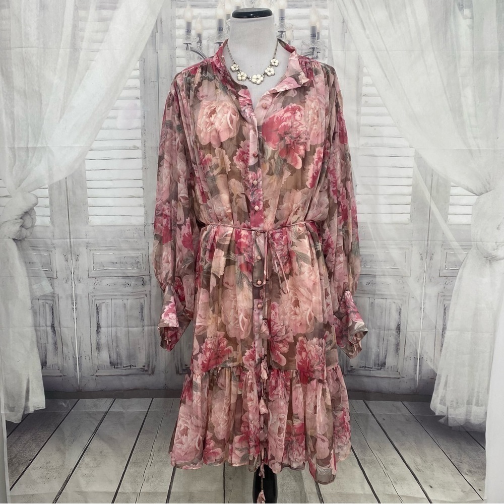 Alex Marie 24W Pink Purple Floral Long Puffed Sleeve Mock Neck Tiered Hem Dress - Picture 7 of 14